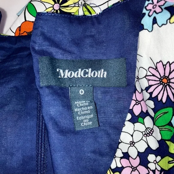ModCloth Fit & Flare Midi Dress Retro 50s Blue Whimsical Floral Cat Cotton Sz 0 - Picture 5 of 8